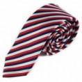 Úzká hedvábná kravata s bílými, červenými a černými pruhy